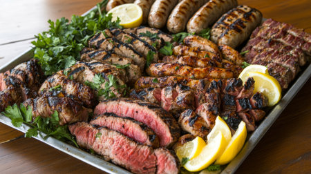 A vibrant grilled meat platter featuring a variety of meats, garnished with fresh herbs and lemon wedges, perfect for any summer gathering or barbecue feast.の素材