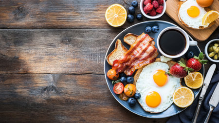 A vibrant breakfast spread featuring eggs, crispy bacon, fresh fruit, and coffee on a rustic wooden table. Perfect for morning meals and brunch gatherings.の素材