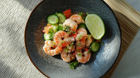 Delight in a vibrant shrimp salad featuring fresh vegetables and zesty lime, perfect for a light meal or appetizer. A colorful dish ideal for any occasion.の素材