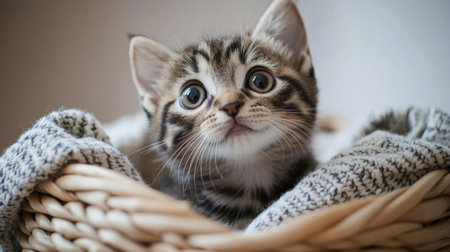 A charming tabby kitten gazes curiously from a cozy woven basket. With its large eyes and soft fur, this adorable cat adds warmth and sweetness to any setting.の素材