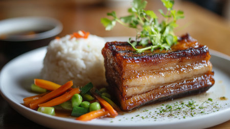 A vibrant dish showcasing glazed pork belly served with fluffy rice and colorful vegetables, garnished with fresh herbs for an appetizing presentation.の素材