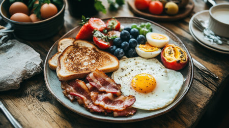 A vibrant and appetizing breakfast spread featuring fried eggs, crispy bacon, fresh fruits, and golden toast on a rustic wooden table. Perfect for brunch.の素材