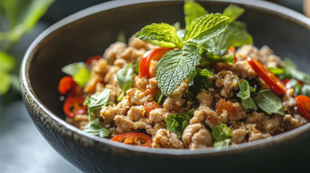 A vibrant bowl of fresh meat salad topped with mint and chili, showcasing the enticing colors and textures of a delicious and vibrant dish.の素材