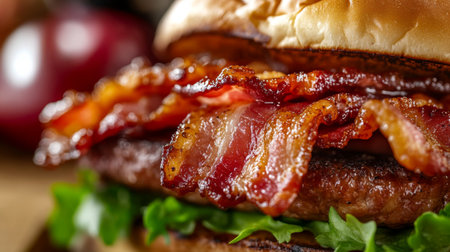 A mouth-watering close-up of a bacon sandwich featuring crispy bacon, fresh lettuce, and a soft bun, perfect for any meal or casual snack.の素材