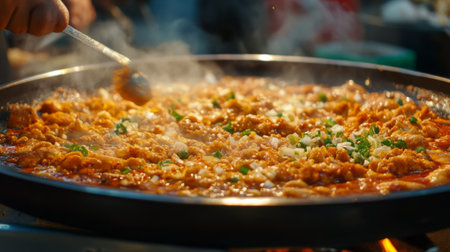 A close-up view of a chef stirring a flavorful dish, highlighting the steam rising and fresh ingredients, showcasing the art of cooking and culinary skills.の素材