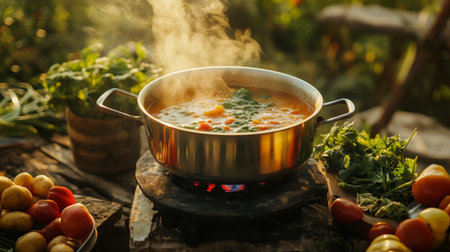 A steaming pot of vegetable soup cooks over an outdoor stove, surrounded by fresh herbs and colorful ingredients. Perfect for a healthy meal in nature.の素材