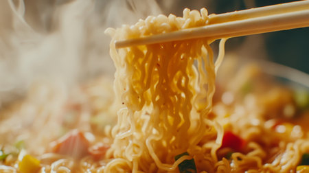 A close-up of steaming noodles lifted with chopsticks, showcasing the inviting texture and vibrant colors, ideal for food lovers and culinary enthusiasts.の素材