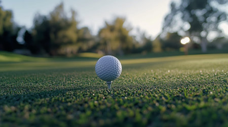 A close-up view of a golf ball resting on a tee in a vibrant green field. This serene setting captures the essence of outdoor sports and leisure activities.の素材