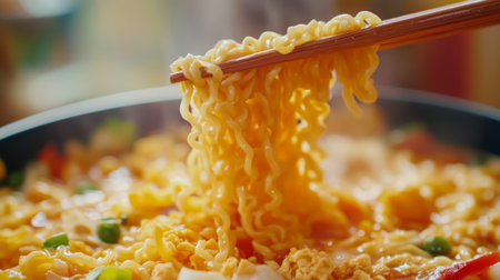 A close-up view of steaming noodles lifted with chopsticks from a flavorful broth, showcasing vibrant ingredients and inviting colors perfect for any meal.の素材