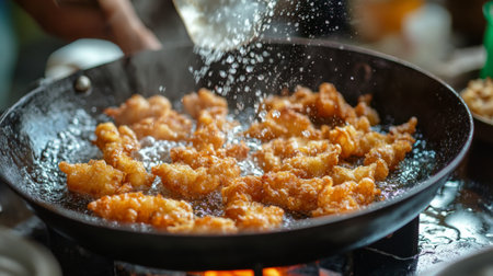 A vibrant scene of crispy fried food sizzling in a pan, showcasing the cooking process. Perfect for capturing the essence of culinary delights and kitchen atmosphere.の素材