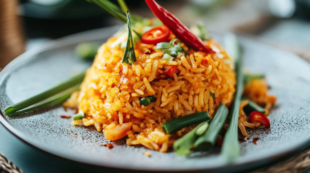 A vibrant, spicy rice dish garnished with red chili and green onions served on a stylish plate, showcasing an appetizing and colorful meal.の素材