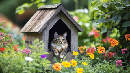 A charming cat lounges comfortably in a cozy wooden house amidst a vibrant flower garden, showcasing a tranquil outdoor scene filled with colorful blooms.の素材