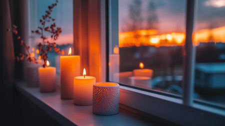A serene scene featuring glowing candles beside a window at sunset. The warm light reflects on the glass, creating a peaceful ambiance perfect for relaxation.の素材