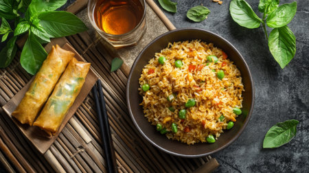 A vibrant bowl of fried rice served with crispy spring rolls and fresh herbs, accompanied by a drink, perfect for a delicious meal setting.の素材