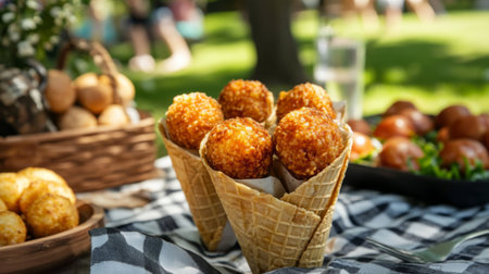 Enjoy a vibrant outdoor picnic featuring delicious golden snacks served in waffle cones, perfect for sharing and enjoying warm sunny moments.の素材