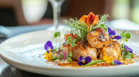 A stunning gourmet dish featuring succulent bites garnished with vibrant flowers and fresh herbs, perfect for showcasing culinary artistry in fine dining.の素材
