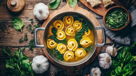 A rustic scene featuring fresh pasta cooking in savory broth, accompanied by herbs, garlic, and spinach. Perfect for food lovers and culinary enthusiasts.の素材