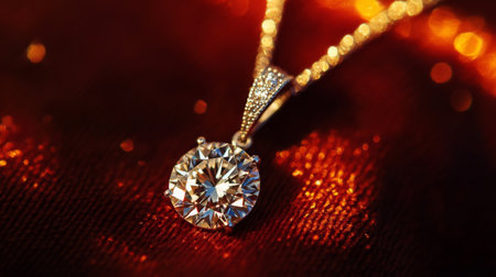 A stunning close-up of an elegant diamond pendant resting on a sparkling background, showcasing its brilliance and detail in exquisite fashion jewelry.の素材