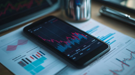 Close-up of a smartphone displaying a financial chart on a desk with reports and tools. Perfect for illustrating business analytics, market trends, and investment strategies.の素材