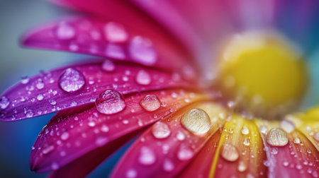 A close-up of a vibrant flower petal adorned with water droplets, showcasing nature's beauty and freshness. Ideal for floral and nature themes.の素材