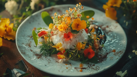A stunning plate featuring a vibrant array of edible flowers and fresh herbs, showcasing artistic culinary presentation for gourmet dining experiences.の素材