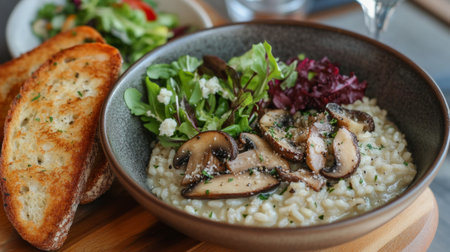 Indulge in creamy mushroom risotto served with a fresh salad and toasted bread, a perfect blend of flavors for a delightful dining experience.の素材
