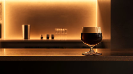 A stylish glass of dark beer sits on a counter, exuding elegance with its frothy top. The warm light in the background adds a cozy atmosphere, perfect for relaxation.の素材