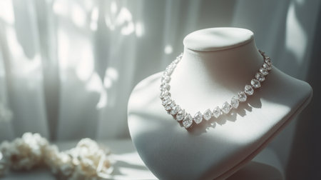 A beautifully crafted necklace displayed on a soft fabric stand, illuminated by gentle light, showcasing intricate design and luxury. Perfect for fashion and jewelry themes.の素材