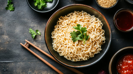 A vibrant bowl of delicious instant noodles garnished with fresh cilantro and served with various sauces and spices, perfect for a cozy meal.の素材