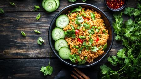A vibrant rice dish served in a bowl, featuring fresh vegetables and herbs. Ideal for showcasing healthy cuisine and colorful presentations.の素材