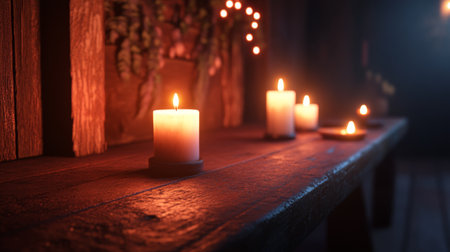 A captivating display of glowing candles on a rustic wooden table, creating a warm and inviting ambiance perfect for relaxation, meditation, or special events.の素材