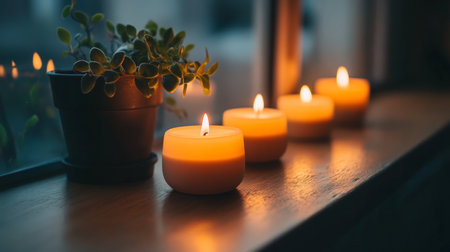 Soft golden candles rest on a wooden windowsill, creating a warm ambiance. A small plant adds a touch of nature, enhancing relaxation and tranquility.の素材
