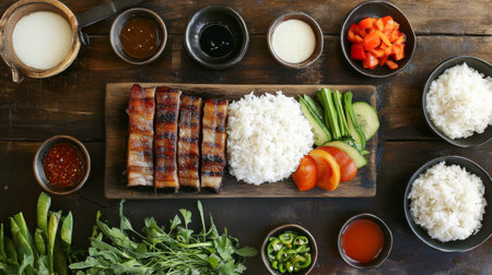 A vibrant BBQ meal featuring grilled meat, fresh vegetables, and fluffy rice. Perfect for food lovers seeking a colorful and appetizing presentation.の素材