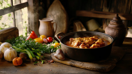 A beautifully arranged rustic kitchen scene featuring a comforting dish in a pot, surrounded by fresh ingredients and herbs, exuding warmth and flavor.の素材