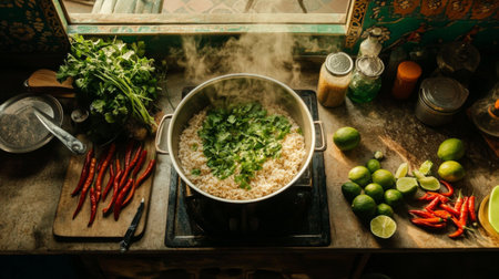 A vibrant cooking scene featuring steaming rice topped with fresh herbs, surrounded by colorful ingredients like chilies and limes, creating a warm culinary atmosphere.の素材