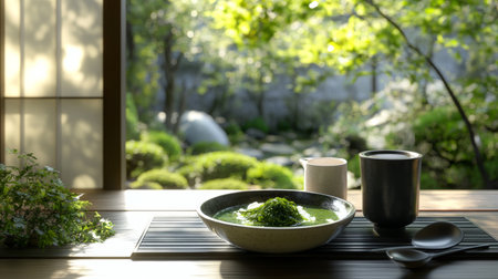 A serene setting featuring a traditional meal with lush garden views, emphasizing tranquility and natural beauty in a calm dining experience.の素材