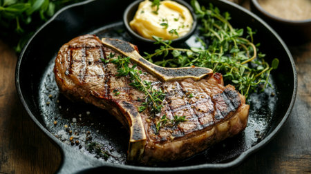 A beautifully grilled steak served in a cast iron skillet, topped with herb butter and fresh thyme. Perfect for a gourmet dinner or special occasion.の素材