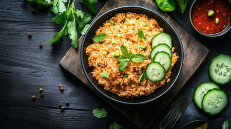 A vibrant rice bowl garnished with fresh vegetables, herbs, and cucumber slices. Perfect for showcasing healthy culinary delights in a rustic setting.の素材