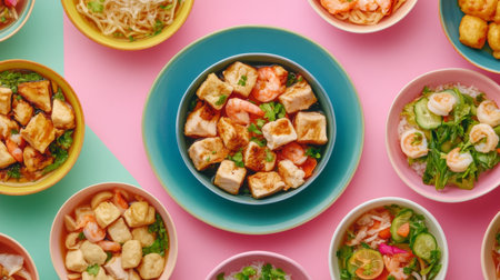 A vibrant assortment of colorful Asian dishes, featuring shrimp, tofu, and fresh vegetables presented in stylish bowls against a playful background.の素材