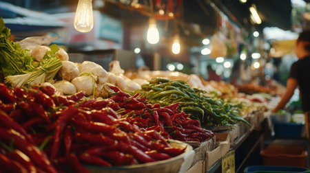 A colorful display of fresh vegetables in a bustling market stall, featuring vibrant peppers, garlic, and onions under warm market lights, showcasing the essence of local produce.の素材