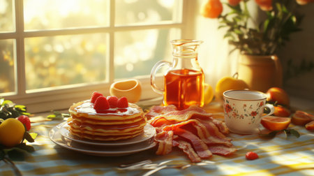A beautifully arranged breakfast scene featuring fluffy pancakes topped with fresh raspberries, crispy bacon, and a jar of maple syrup, illuminated by warm sunlight from the window. Perfect for a cozy morning setting.の素材