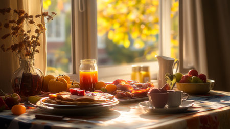 A cozy morning scene featuring a delicious breakfast by a sunlit window. Enjoy pancakes, fresh fruit, and orange juice amidst a warm, inviting atmosphere.の素材