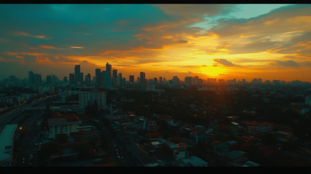 A stunning urban skyline captured during sunset, showcasing a vibrant cityscape with dramatic clouds and a warm glow illuminating the buildings.の素材