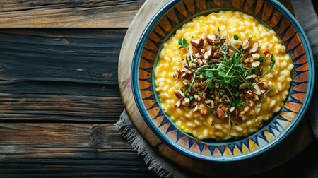 Creamy risotto topped with nuts and fresh herbs served in a colorful bowl on a rustic wooden board, perfect for a gourmet meal experience.の素材