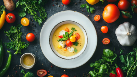 A vibrant bowl of fresh vegetable soup surrounded by colorful ingredients. Perfect for showcasing healthy cooking and seasonal flavors.の素材