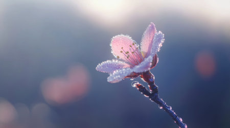 A close-up of a delicate pink blossom adorned with sparkling water droplets. The soft light creates a serene and tranquil atmosphere, perfect for nature lovers.の素材