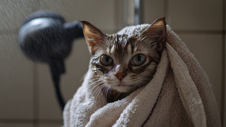 A cute cat wrapped in a soft towel after a bath, showcasing its wet fur and playful expression. This image captures the cozy and comforting moments of pet grooming.の素材