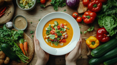 A vibrant and healthy vegetable soup prepared with fresh ingredients, garnished and beautifully presented in a white bowl, ideal for culinary inspiration.の素材
