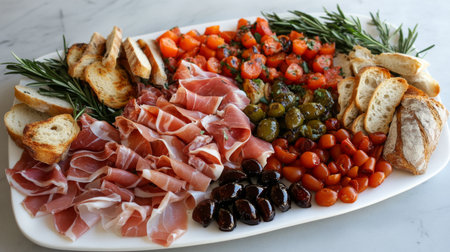 A vibrant charcuterie board featuring cured meats, fresh olives, breads, and herbs, perfect for gatherings, parties, or culinary enthusiasts.の素材