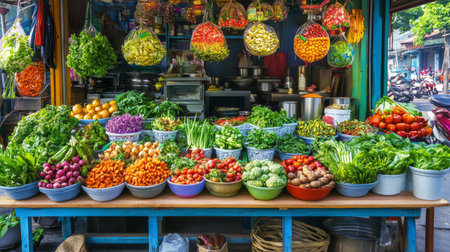A vibrant display of fresh vegetables at a local market stall, showcasing an array of colors and varieties. Perfect for themes of health, nutrition, and agriculture.の素材